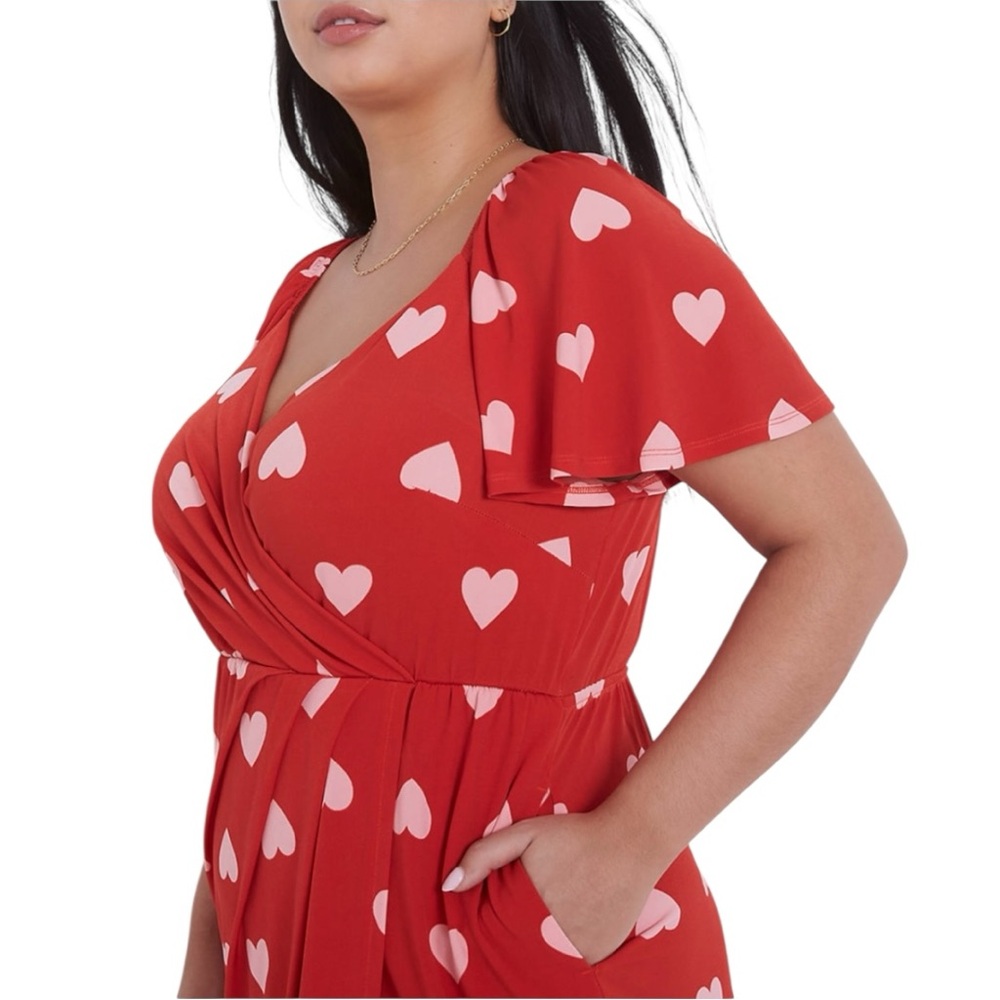 LANE BRYANT WOMEN'S RED PINK HEART FLUTTER SLEEVE FAUX-WRAP MAXI MID DRESS PLUS - Picture 6 of 12